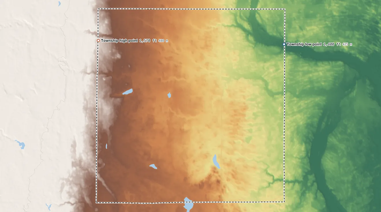 Topographic elevation map of Park Township, South Dakota, shaded from 1,400 ft on the northeast side to 1,570 ft on the northwest side