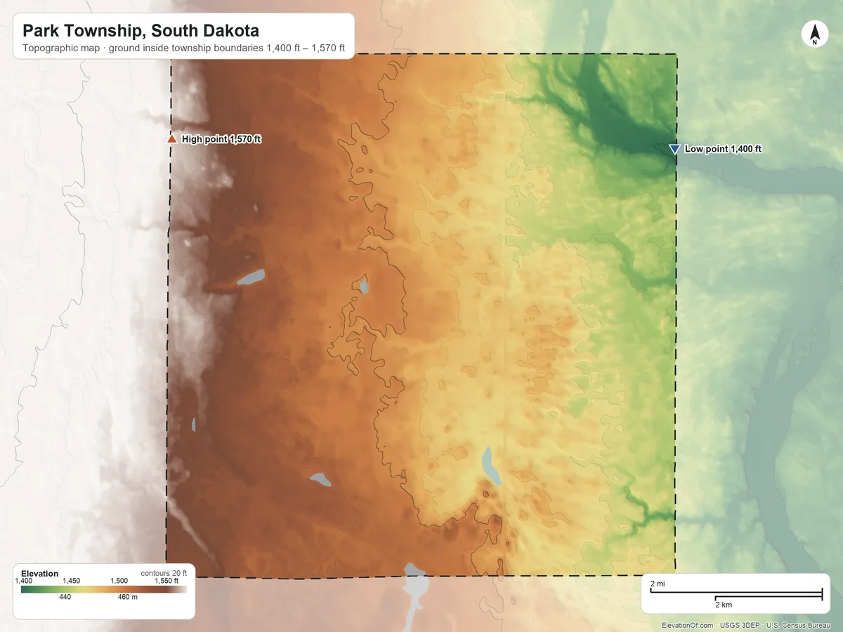 Topographic elevation map of Park Township, South Dakota, shaded from 1,400 ft on the northeast side to 1,570 ft on the northwest side