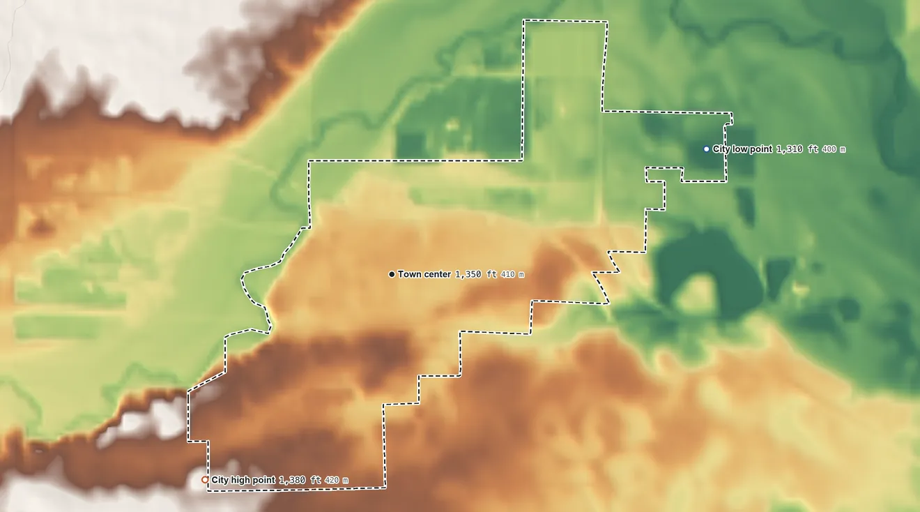 Topographic elevation map of Parker, South Dakota, shaded from 1,310 ft on the east side to 1,380 ft on the southwest side
