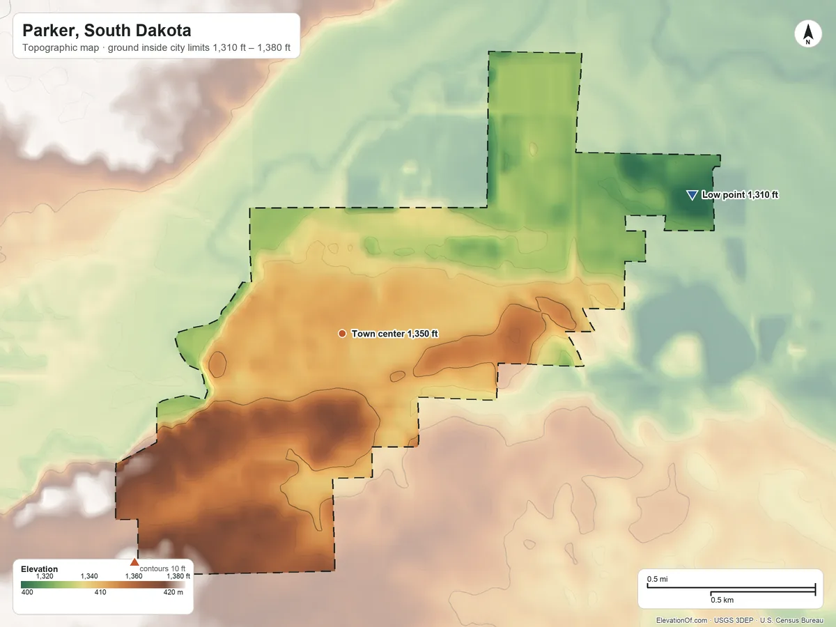 Topographic elevation map of Parker, South Dakota, shaded from 1,310 ft on the east side to 1,380 ft on the southwest side