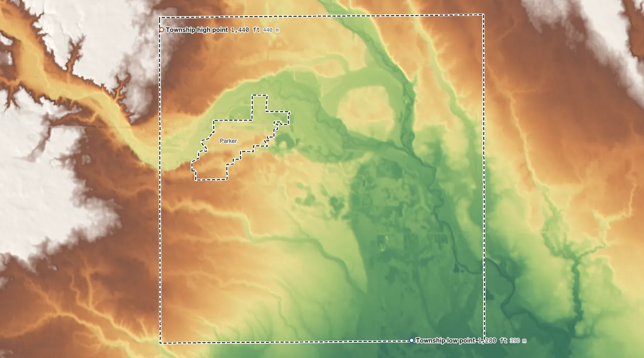 Topographic elevation map of Parker Township, South Dakota, shaded from 1,280 ft on the southeast side to 1,440 ft on the northwest side