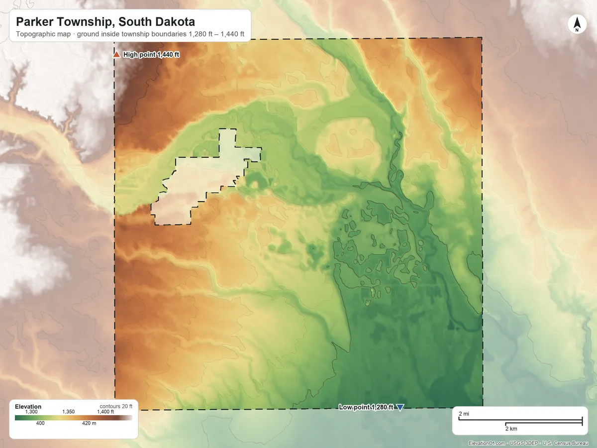 Topographic elevation map of Parker Township, South Dakota, shaded from 1,280 ft on the southeast side to 1,440 ft on the northwest side
