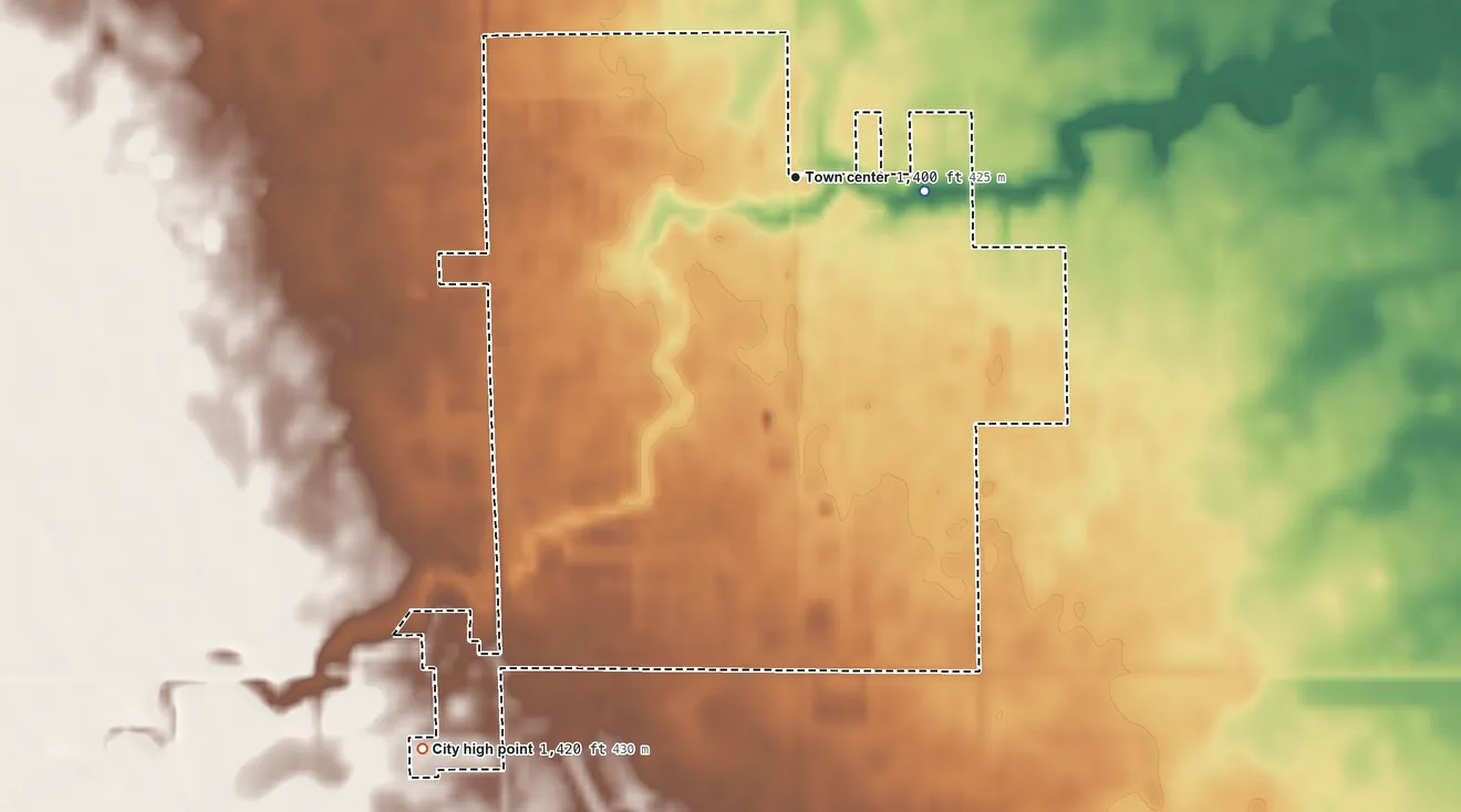 Topographic elevation map of Parkston, South Dakota, shaded from 1,380 ft on the east side to 1,420 ft on the southwest side