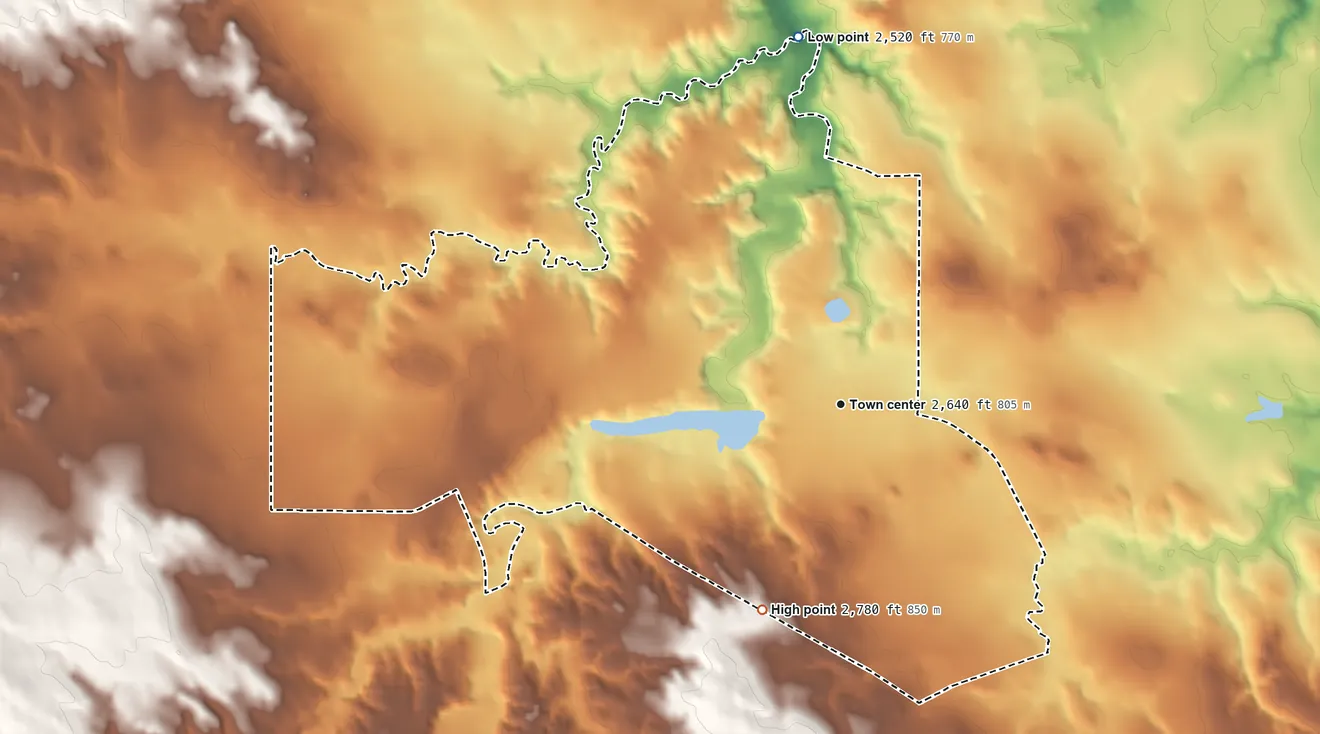 Topographic elevation map of Parmelee, South Dakota, shaded from 2,520 ft on the north side to 2,780 ft on the south side