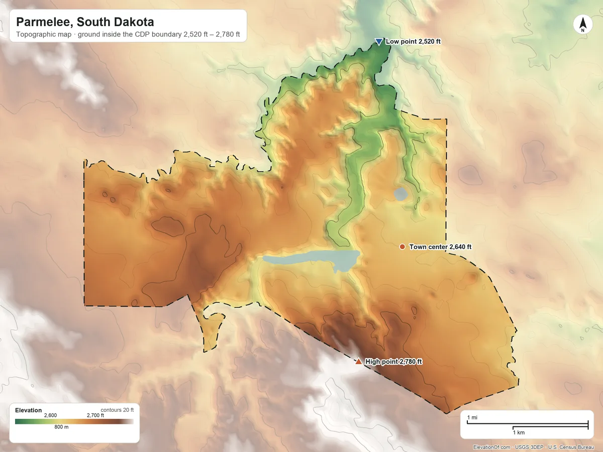 Topographic elevation map of Parmelee, South Dakota, shaded from 2,520 ft on the north side to 2,780 ft on the south side