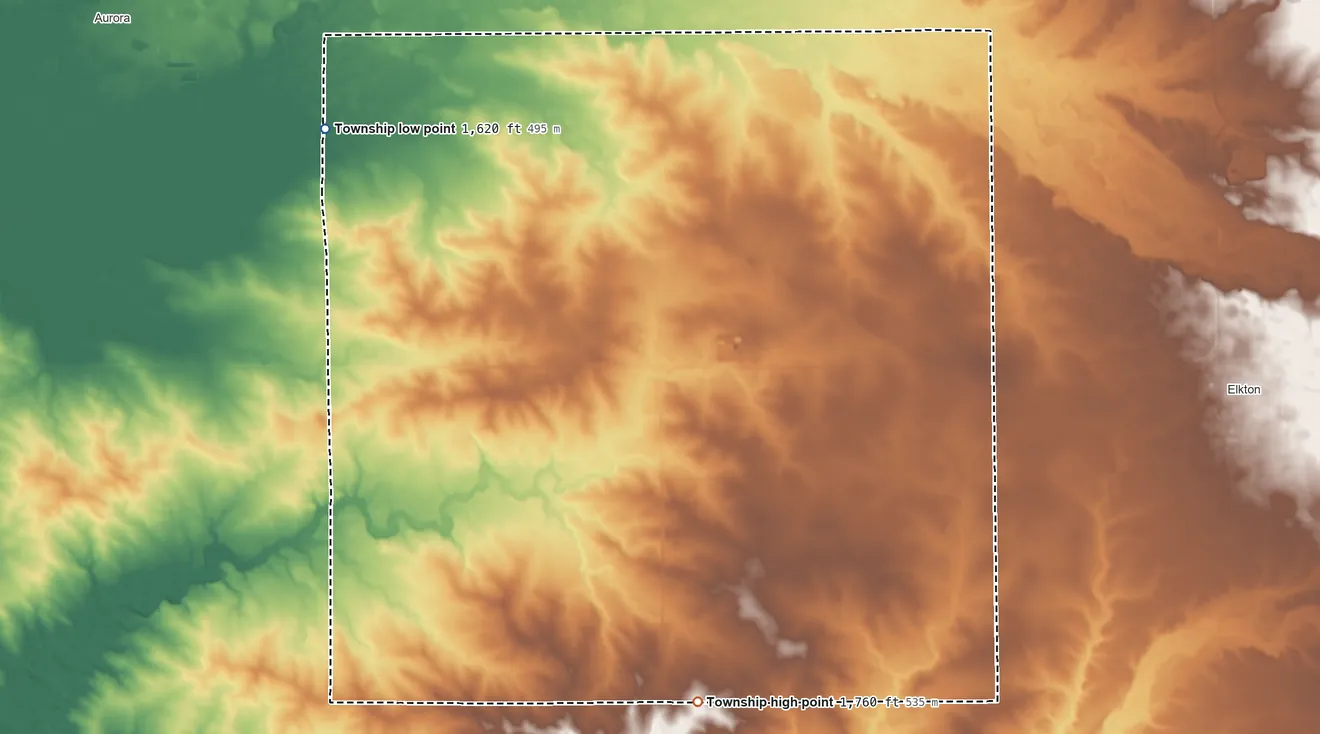 Topographic elevation map of Parnell Township, South Dakota, shaded from 1,620 ft on the northwest side to 1,760 ft on the southeast side