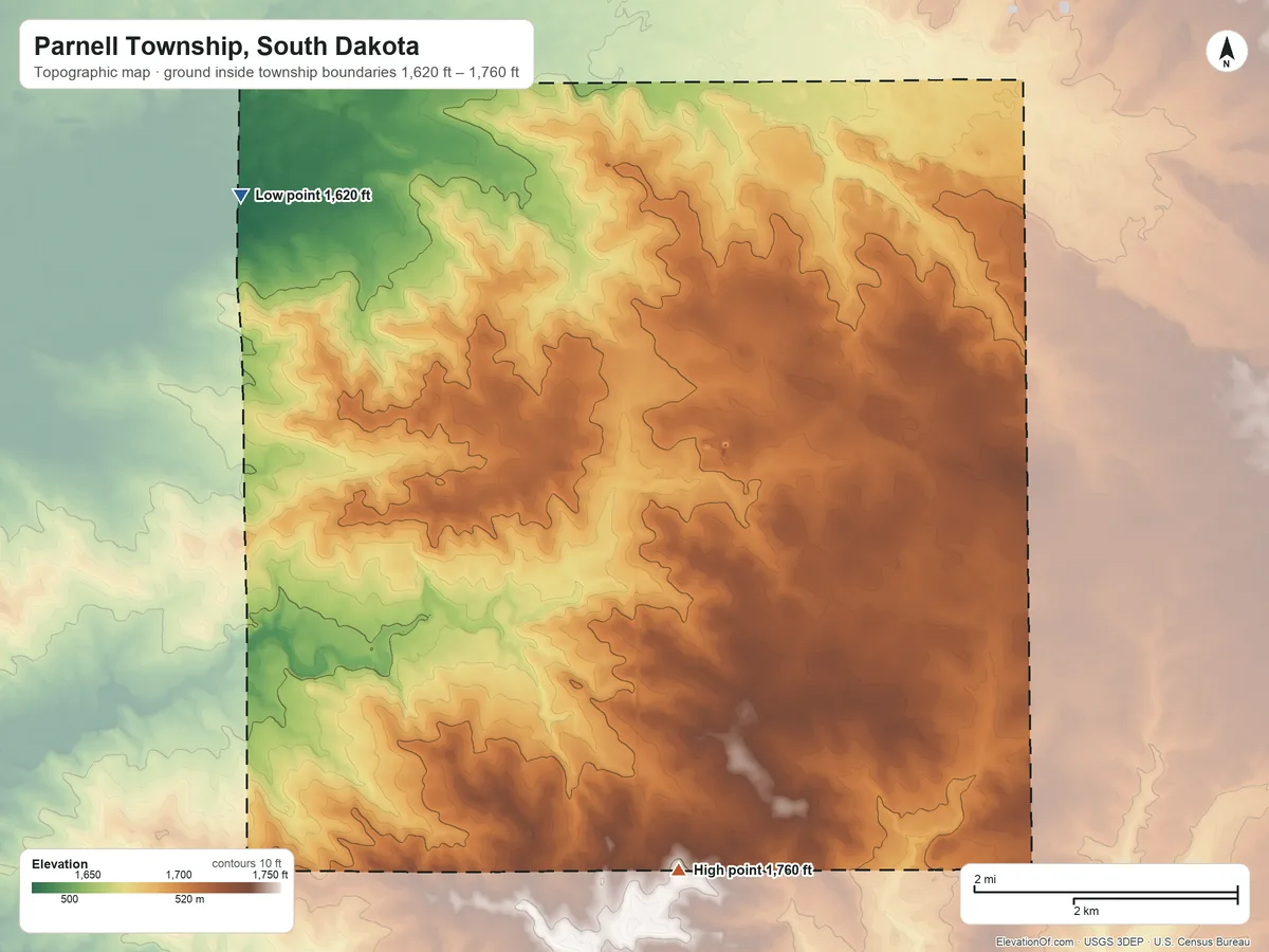 Topographic elevation map of Parnell Township, South Dakota, shaded from 1,620 ft on the northwest side to 1,760 ft on the southeast side