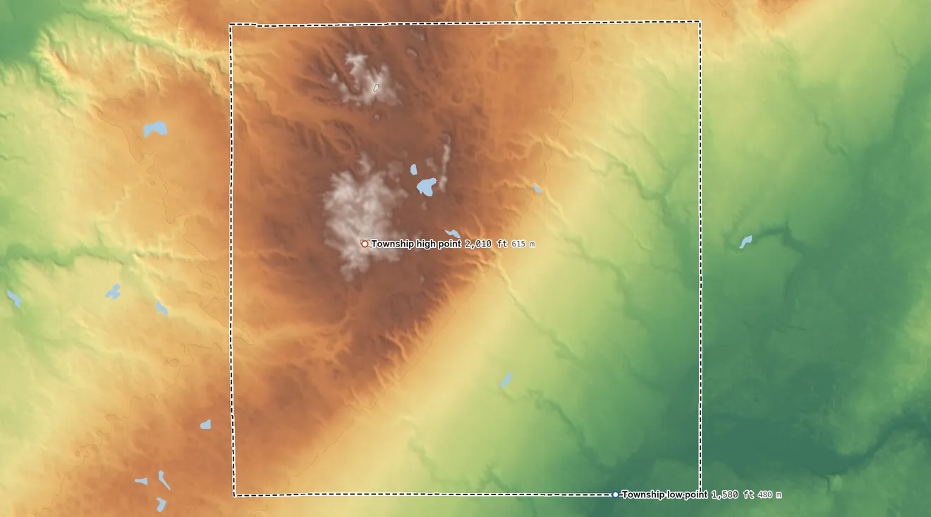 Topographic elevation map of Patten Township, South Dakota, shaded from 1,580 ft on the south side to 2,010 ft on the west side