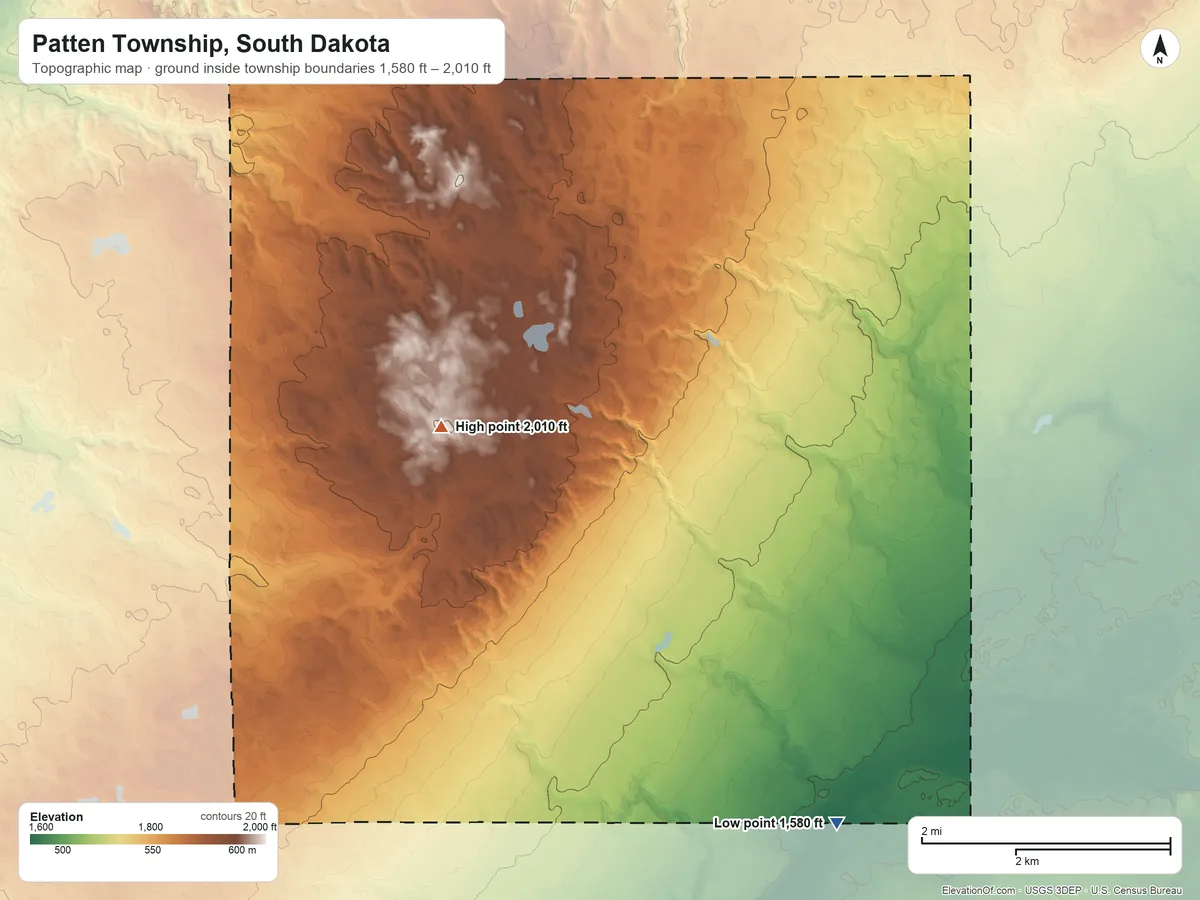 Topographic elevation map of Patten Township, South Dakota, shaded from 1,580 ft on the south side to 2,010 ft on the west side