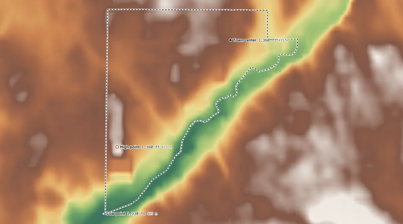Topographic elevation map of Pearl Creek Colony, South Dakota, shaded from 1,330 ft on the southwest side to 1,360 ft on the southwest side