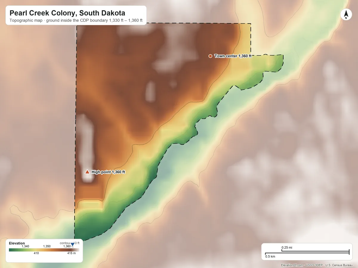 Topographic elevation map of Pearl Creek Colony, South Dakota, shaded from 1,330 ft on the southwest side to 1,360 ft on the southwest side