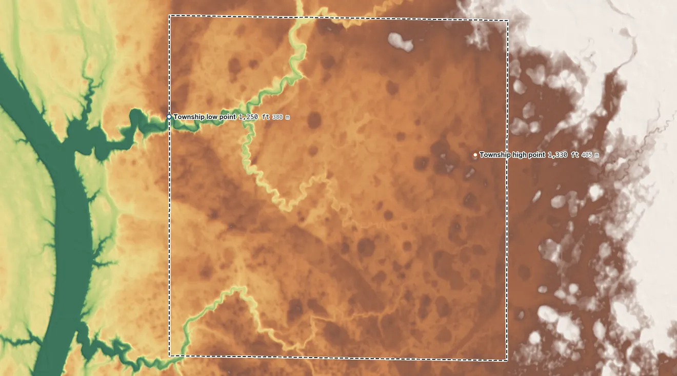 Topographic elevation map of Pearl Creek Township, South Dakota, shaded from 1,250 ft on the west side to 1,330 ft on the east side