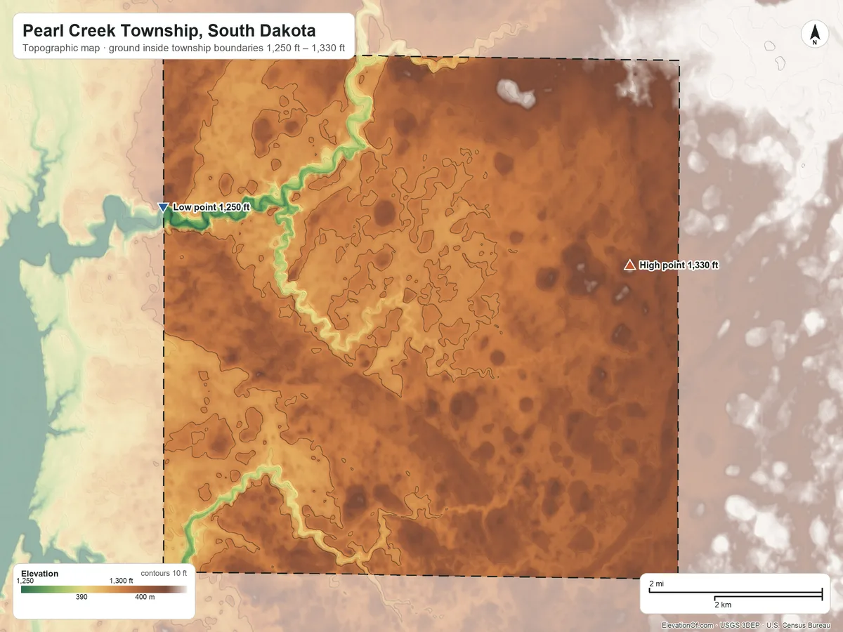 Topographic elevation map of Pearl Creek Township, South Dakota, shaded from 1,250 ft on the west side to 1,330 ft on the east side
