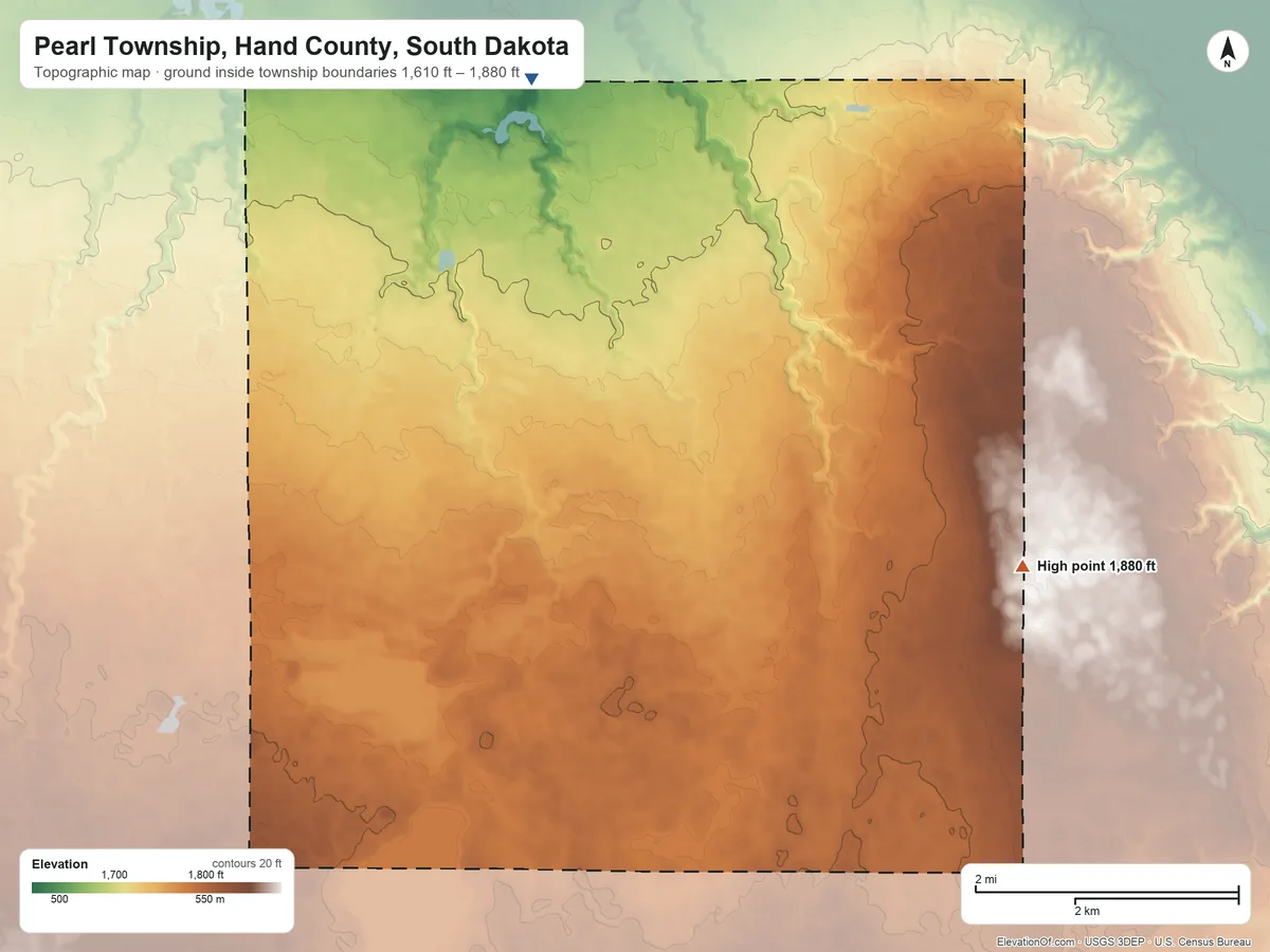 Topographic elevation map of Pearl Township, Hand County, South Dakota, shaded from 1,610 ft on the north side to 1,880 ft on the east side