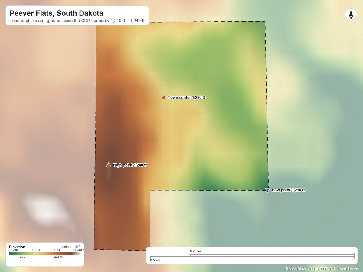Topographic elevation map of Peever Flats, South Dakota, shaded from 1,210 ft on the southeast side to 1,240 ft on the southwest side