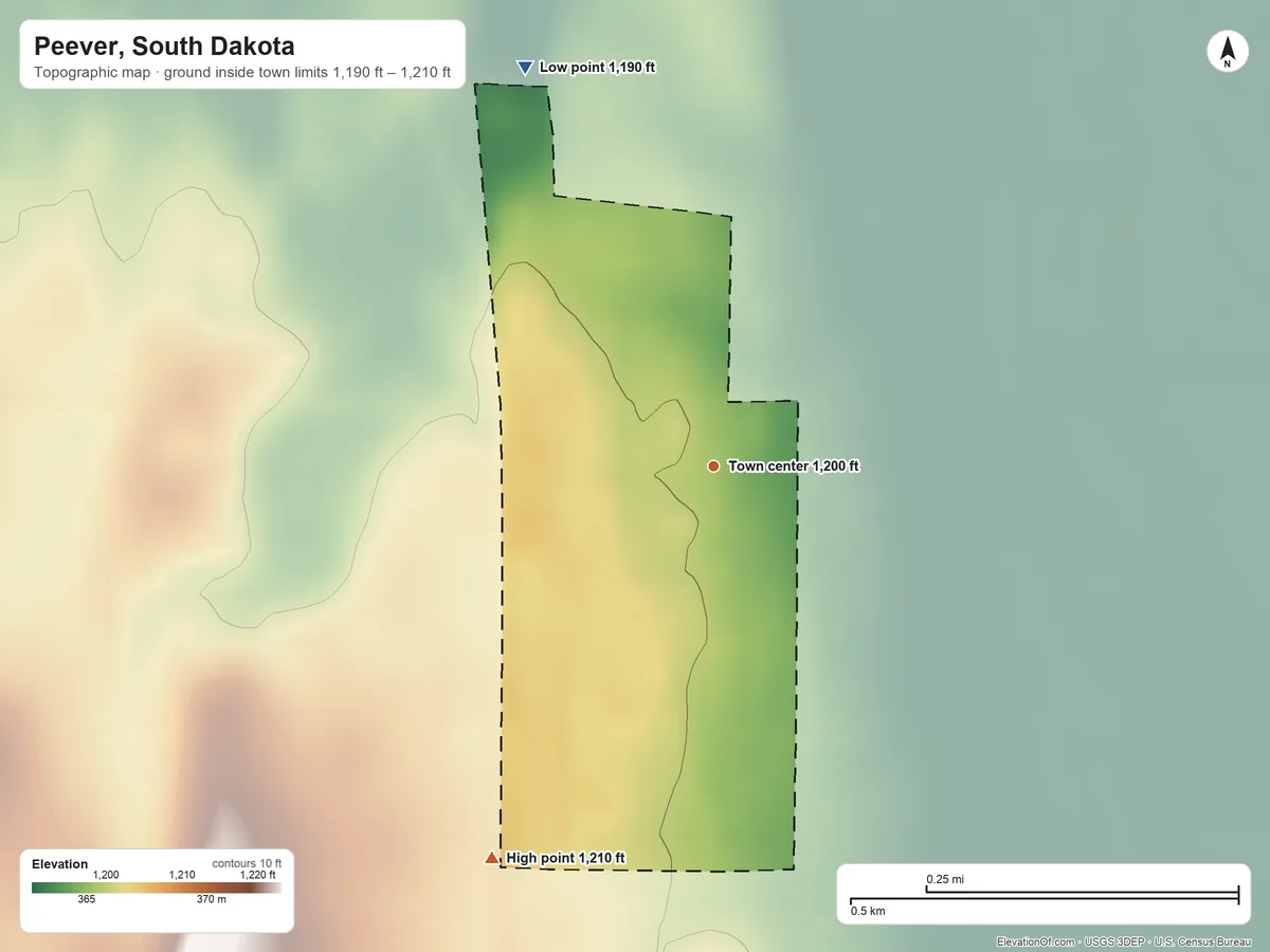 Topographic elevation map of Peever, South Dakota, shaded from 1,190 ft on the northwest side to 1,210 ft on the southwest side
