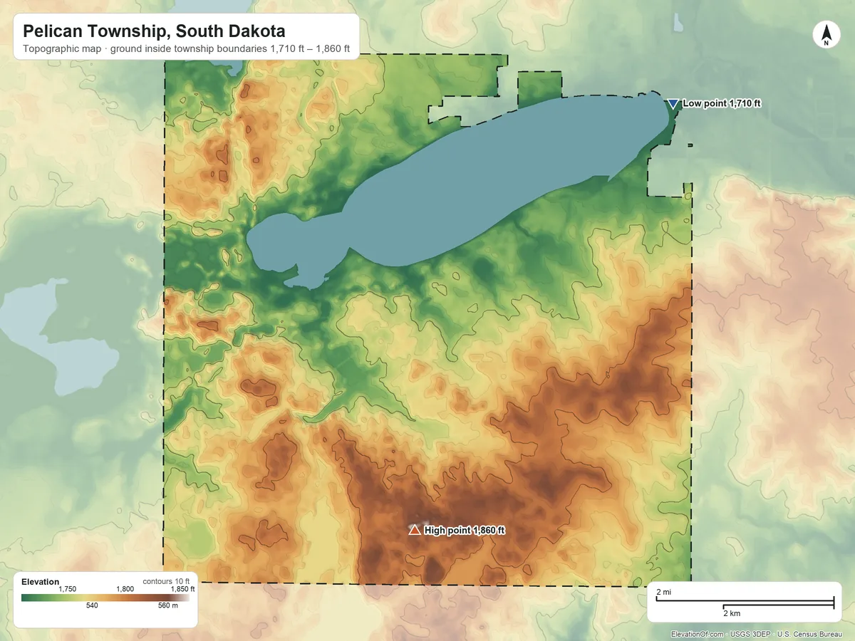 Topographic elevation map of Pelican Township, South Dakota, shaded from 1,710 ft on the east side to 1,860 ft on the south side