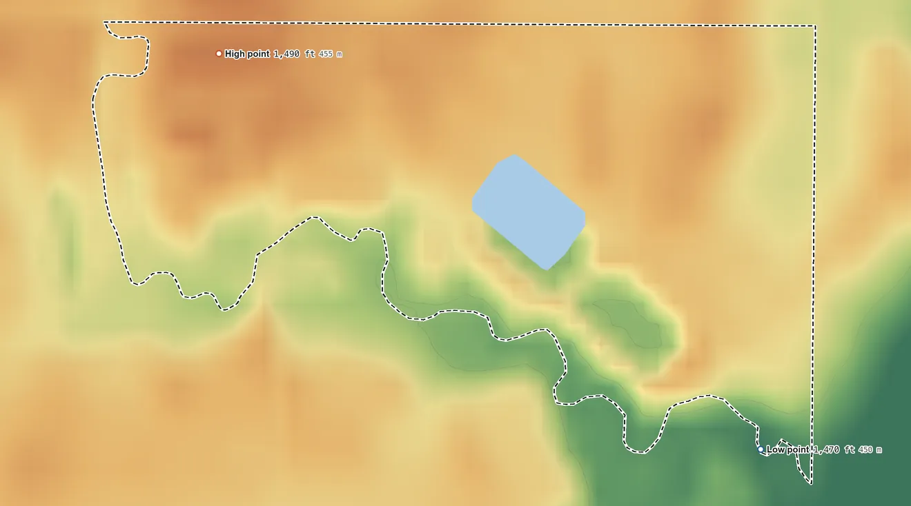 Topographic elevation map of Pembrook Colony, South Dakota, shaded from 1,470 ft on the southeast side to 1,490 ft on the north side