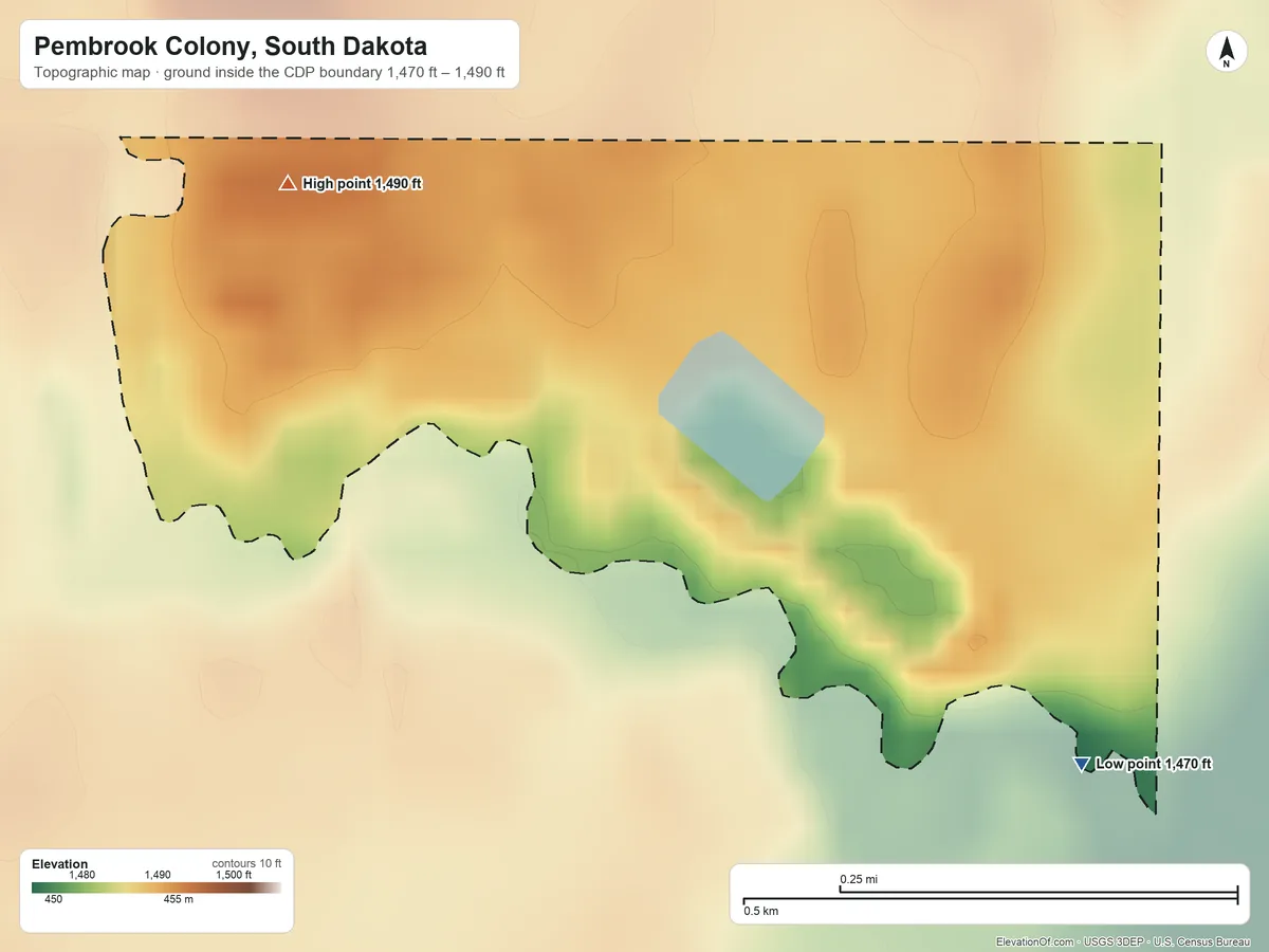 Topographic elevation map of Pembrook Colony, South Dakota, shaded from 1,470 ft on the southeast side to 1,490 ft on the north side