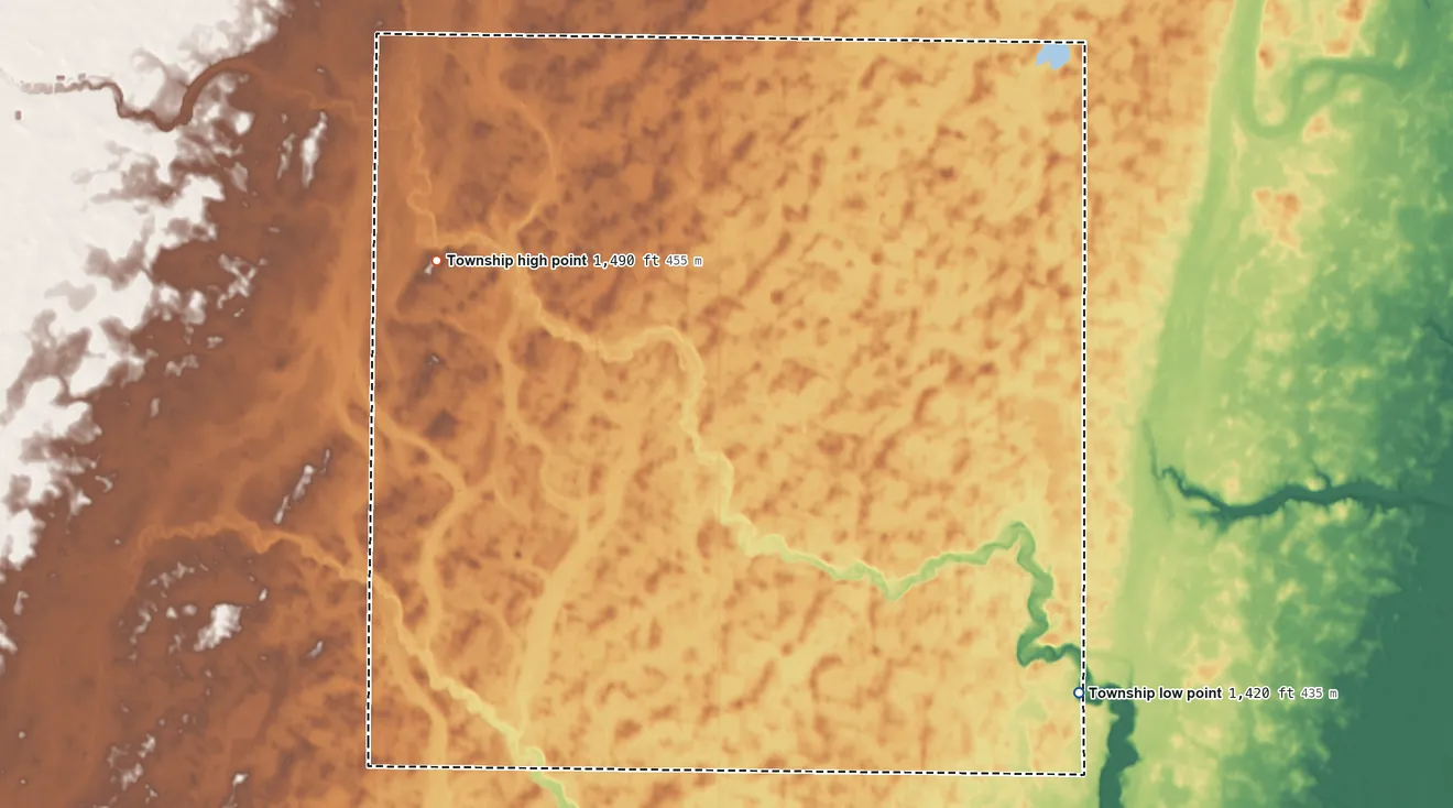 Topographic elevation map of Pembrook Township, South Dakota, shaded from 1,420 ft on the southeast side to 1,490 ft on the west side