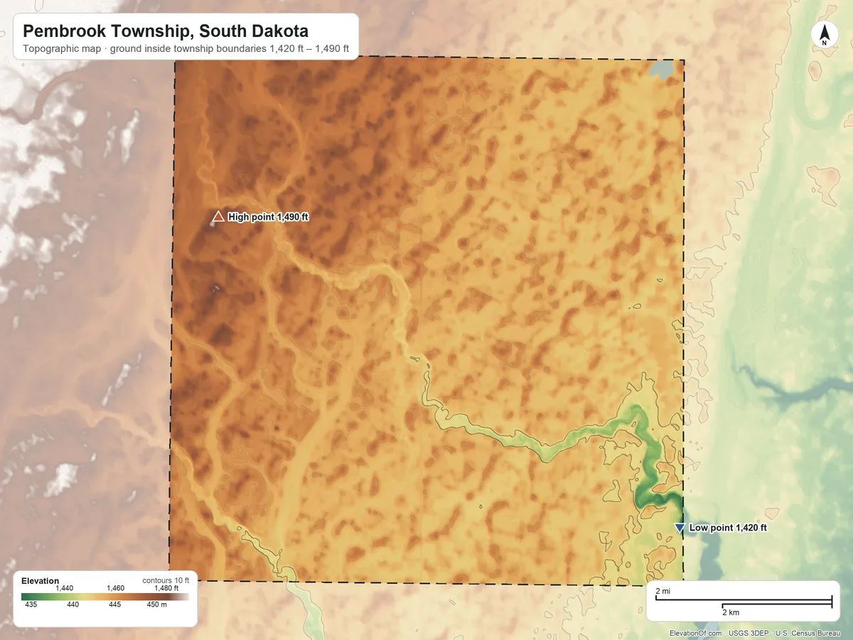Topographic elevation map of Pembrook Township, South Dakota, shaded from 1,420 ft on the southeast side to 1,490 ft on the west side