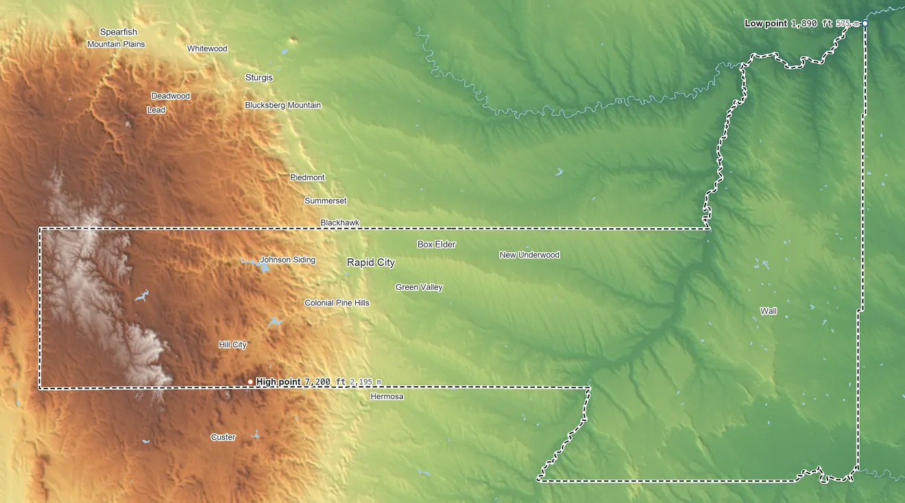 Topographic elevation map of Pennington County, South Dakota, shaded from 1,890 ft on the northeast side to 7,200 ft on Black Elk Peak