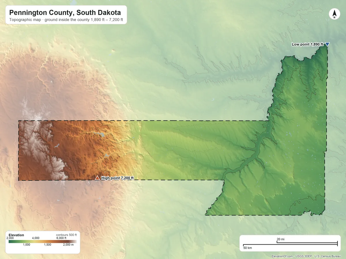 Topographic elevation map of Pennington County, South Dakota, shaded from 1,890 ft on the northeast side to 7,200 ft on Black Elk Peak