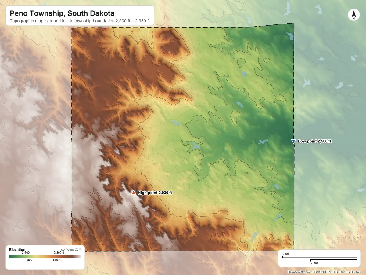 Topographic elevation map of Peno Township, South Dakota, shaded from 2,500 ft on the east side to 2,930 ft on the southwest side