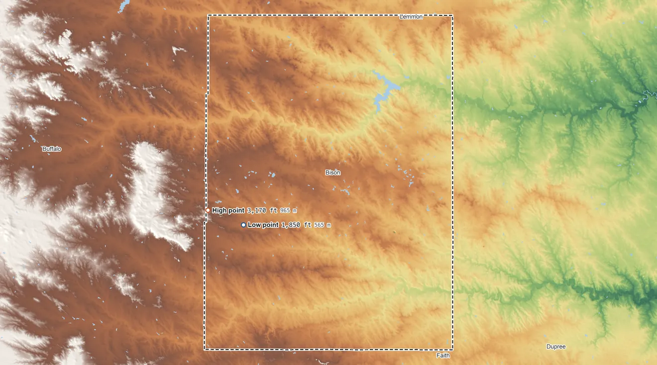 Topographic elevation map of Perkins County, South Dakota, shaded from 1,850 ft on the southwest side to 3,170 ft on the west side