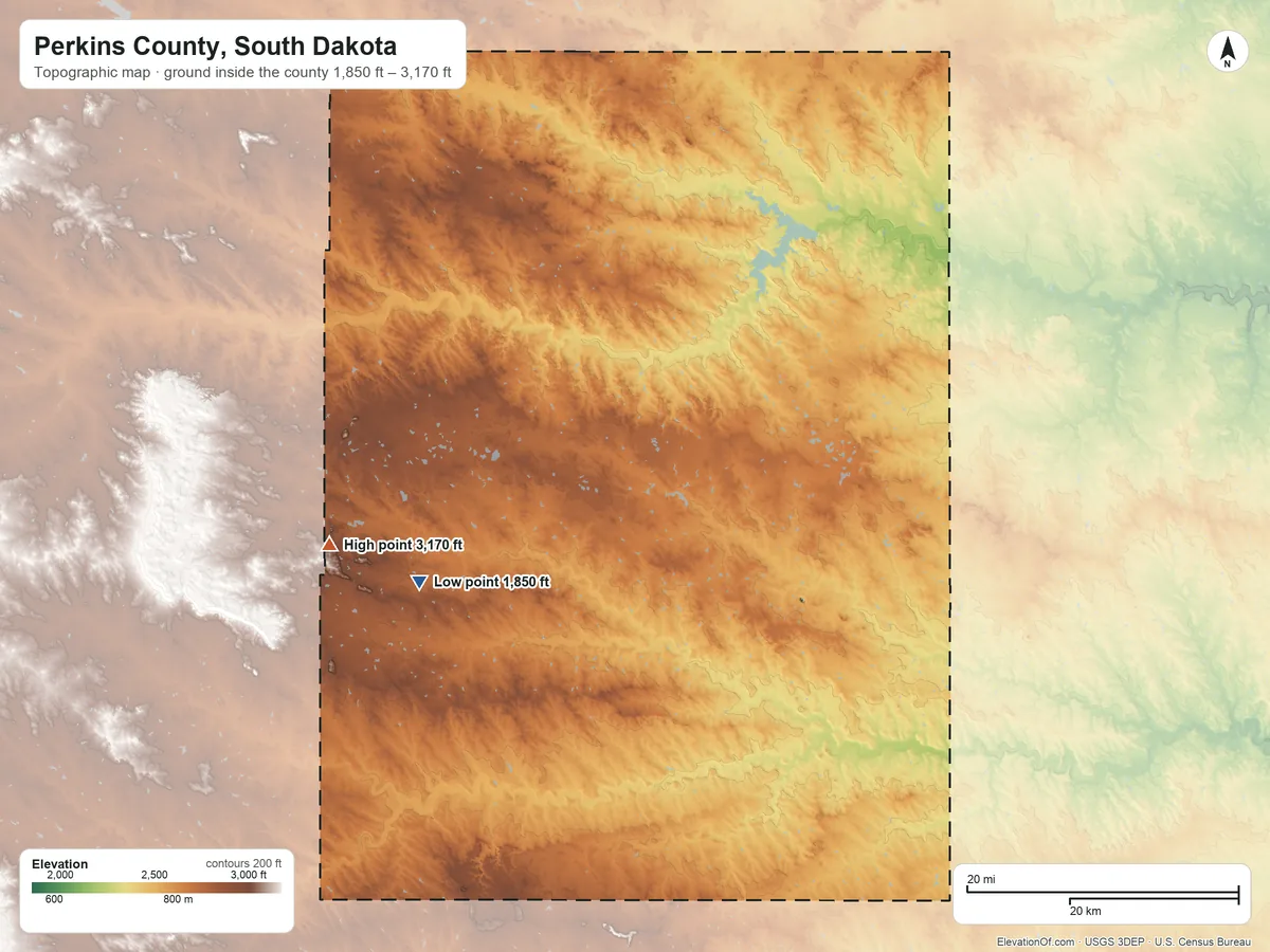 Topographic elevation map of Perkins County, South Dakota, shaded from 1,850 ft on the southwest side to 3,170 ft on the west side