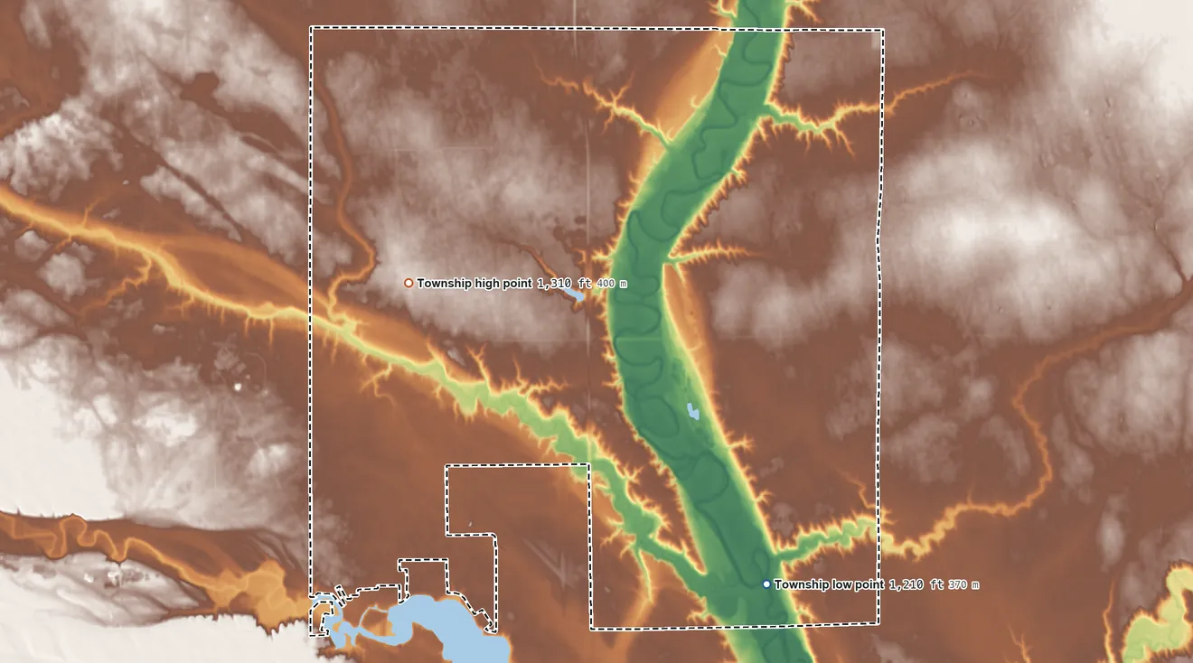 Topographic elevation map of Perry Township, Davison County, South Dakota, shaded from 1,210 ft on the southeast side to 1,310 ft on the northwest side