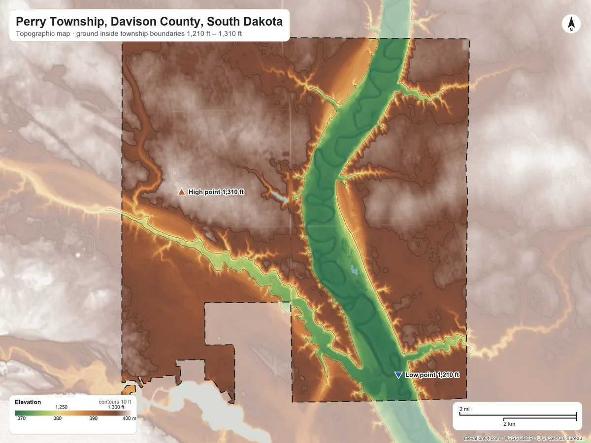 Topographic elevation map of Perry Township, Davison County, South Dakota, shaded from 1,210 ft on the southeast side to 1,310 ft on the northwest side
