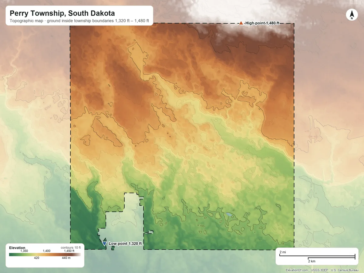 Topographic elevation map of Perry Township, South Dakota, shaded from 1,320 ft on the southwest side to 1,480 ft on the northeast side