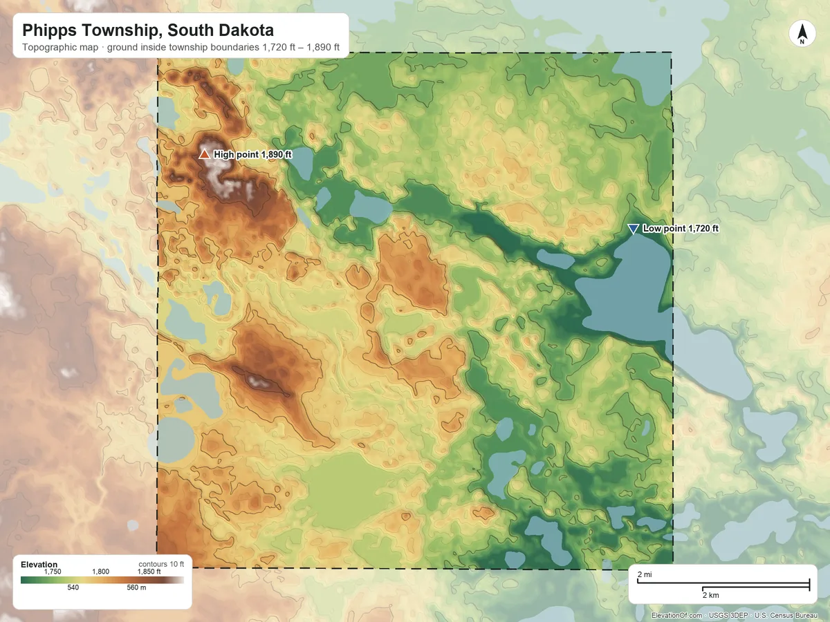 Topographic elevation map of Phipps Township, South Dakota, shaded from 1,720 ft on the east side to 1,890 ft on the west side
