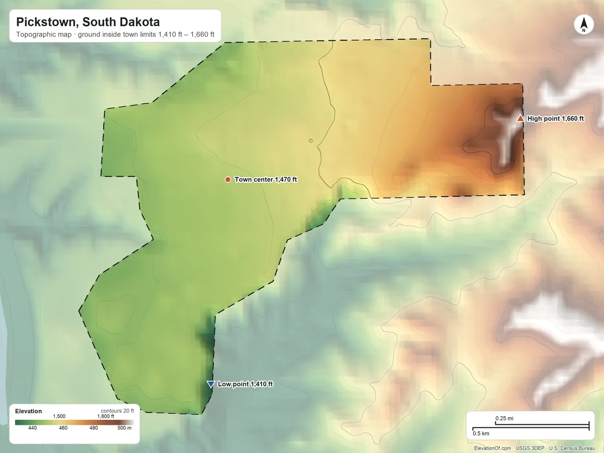 Topographic elevation map of Pickstown, South Dakota, shaded from 1,410 ft on the south side to 1,660 ft on the east side