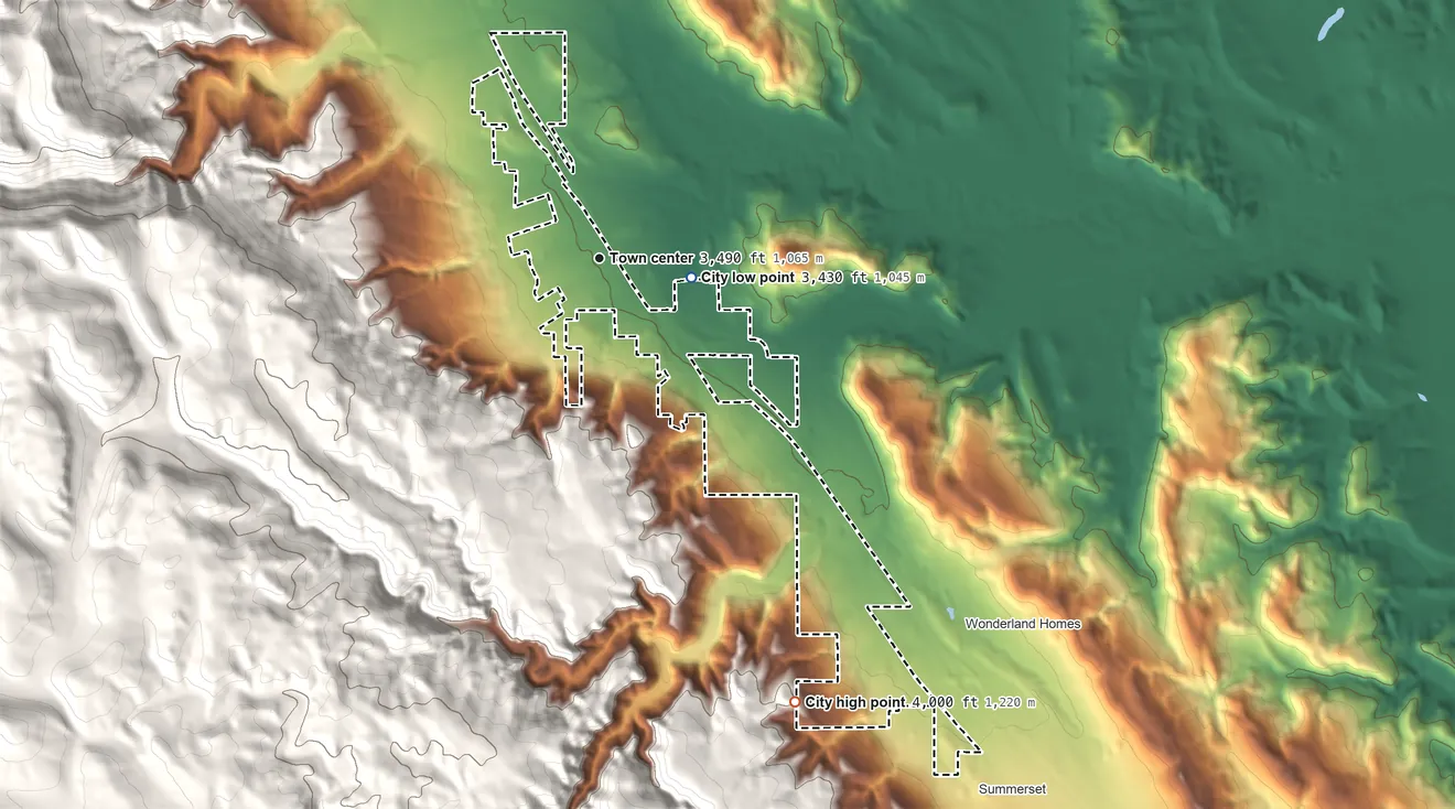 Topographic elevation map of Piedmont, South Dakota, shaded from 3,430 ft on the east side to 4,000 ft at the foot of the Bald Hills