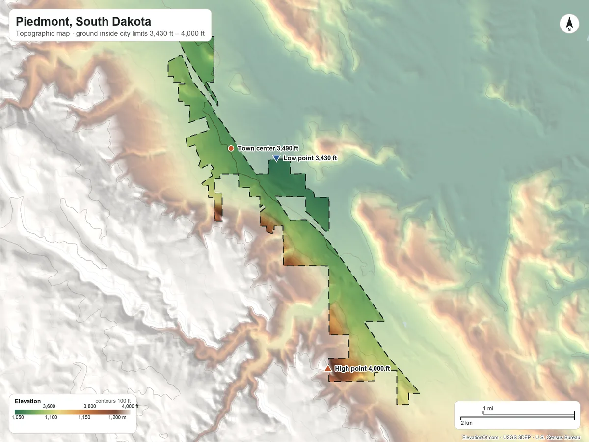 Topographic elevation map of Piedmont, South Dakota, shaded from 3,430 ft on the east side to 4,000 ft at the foot of the Bald Hills