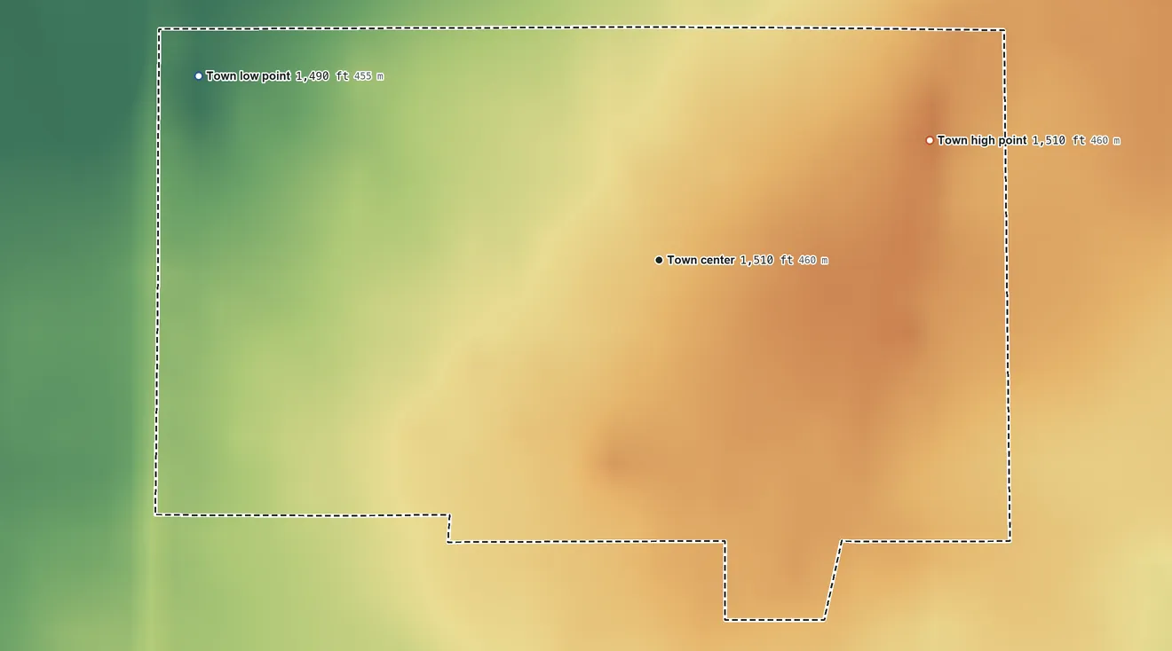 Topographic elevation map of Pierpont, South Dakota, shaded from 1,490 ft on the west side to 1,510 ft on the northeast side