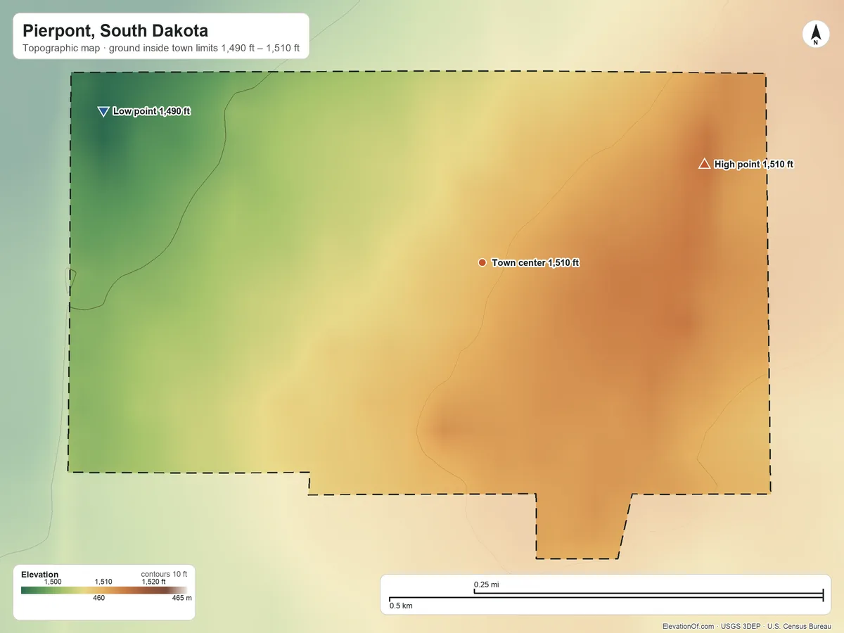 Topographic elevation map of Pierpont, South Dakota, shaded from 1,490 ft on the west side to 1,510 ft on the northeast side