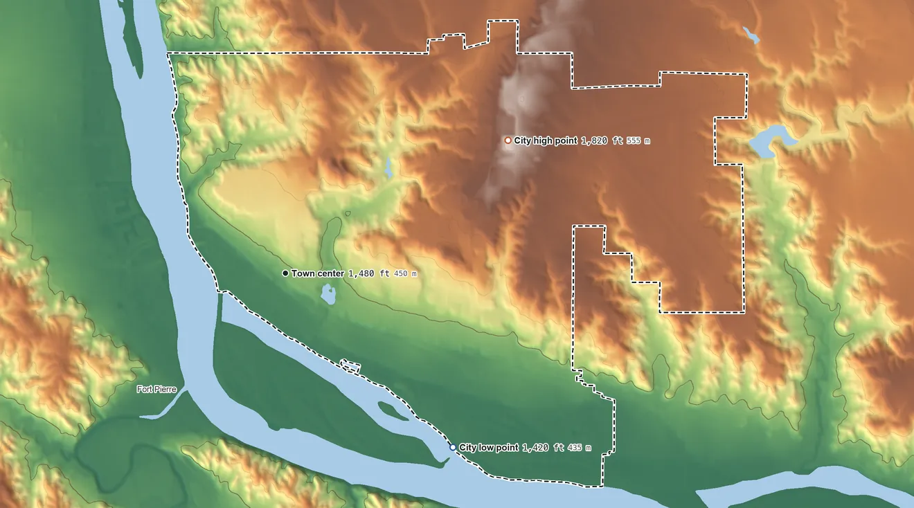 Topographic elevation map of Pierre, South Dakota, shaded from 1,420 ft on the southeast side to 1,820 ft on the northeast side