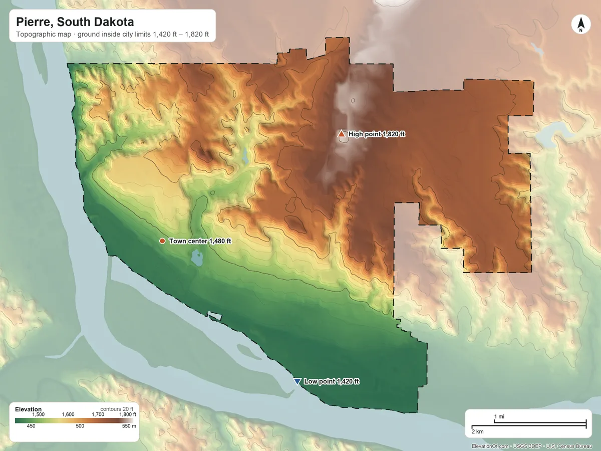 Topographic elevation map of Pierre, South Dakota, shaded from 1,420 ft on the southeast side to 1,820 ft on the northeast side