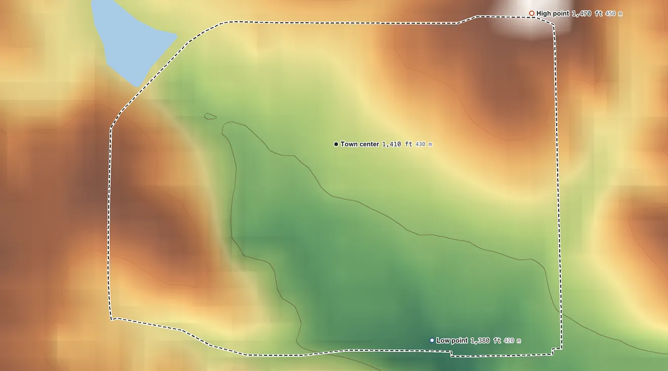 Topographic elevation map of Pine Lakes Addition, South Dakota, shaded from 1,380 ft on the southeast side to 1,470 ft on the northeast side
