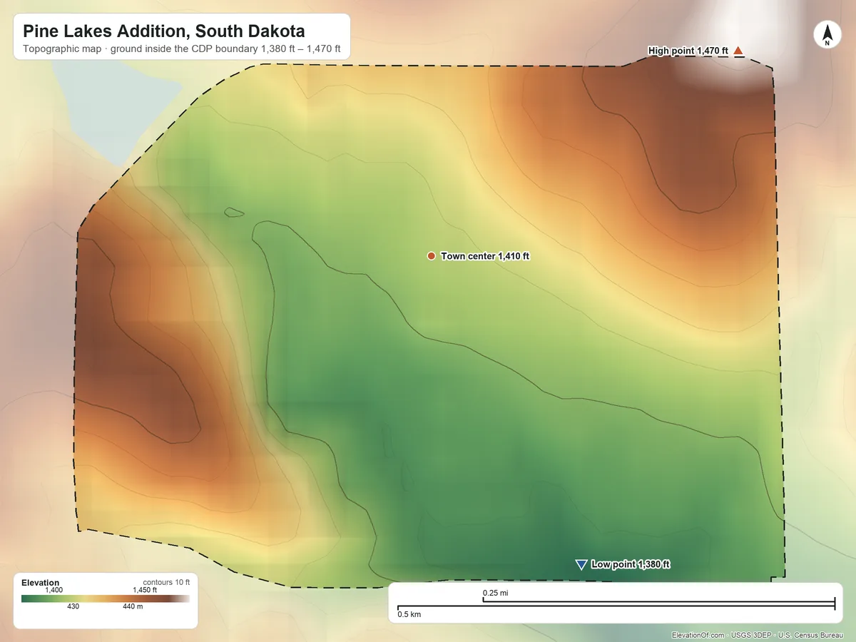 Topographic elevation map of Pine Lakes Addition, South Dakota, shaded from 1,380 ft on the southeast side to 1,470 ft on the northeast side