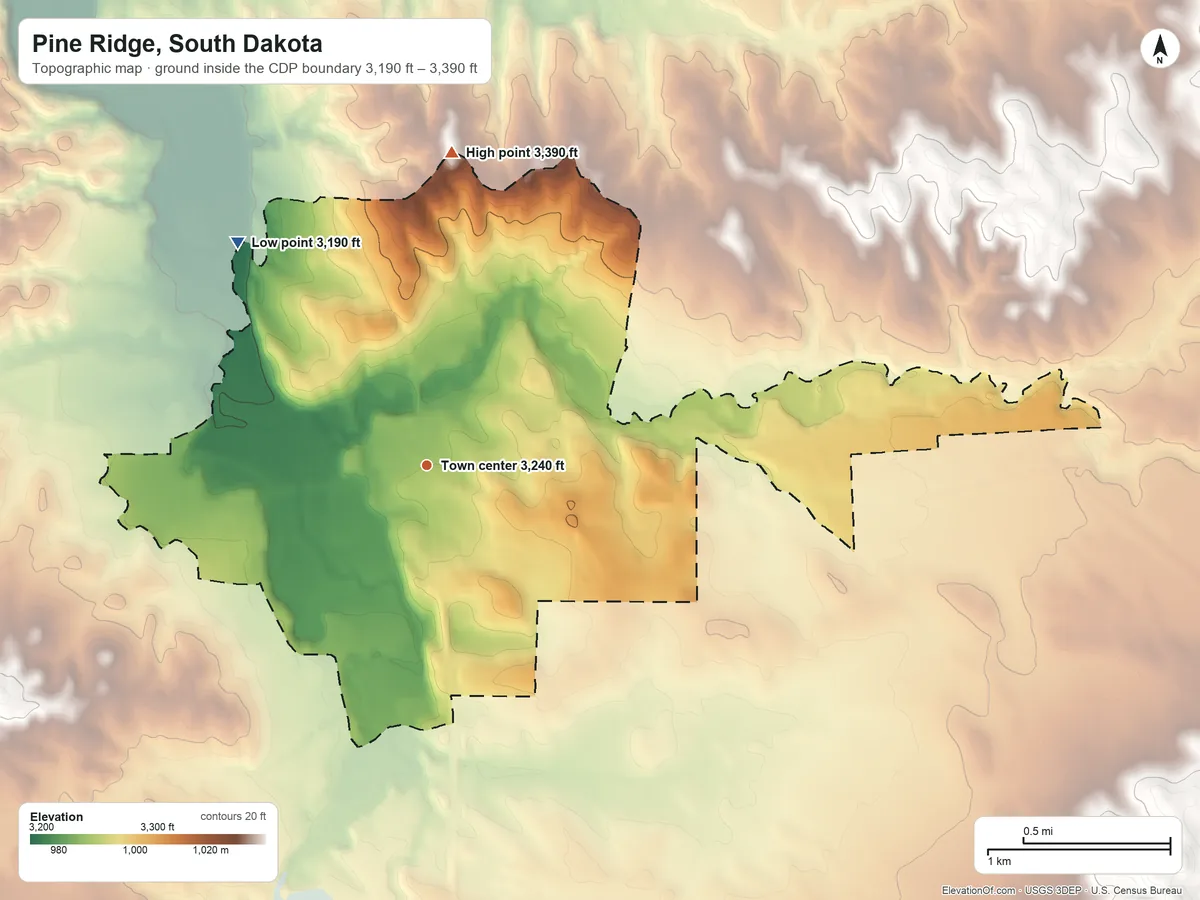 Topographic elevation map of Pine Ridge, South Dakota, shaded from 3,190 ft on the northwest side to 3,390 ft on the north side