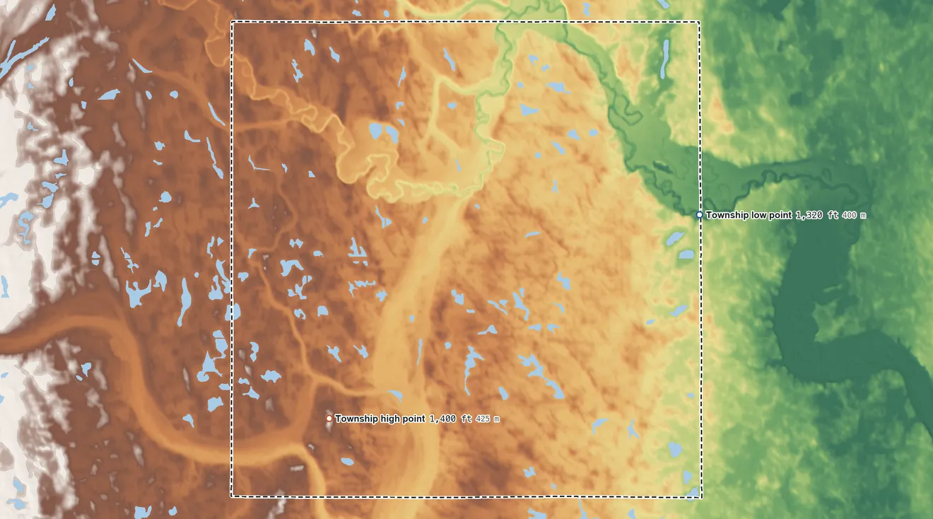 Topographic elevation map of Pioneer Township, South Dakota, shaded from 1,320 ft on the northeast side to 1,400 ft on the southwest side
