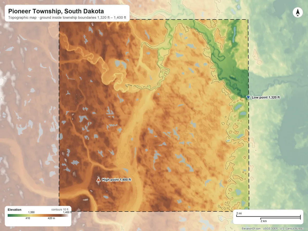Topographic elevation map of Pioneer Township, South Dakota, shaded from 1,320 ft on the northeast side to 1,400 ft on the southwest side