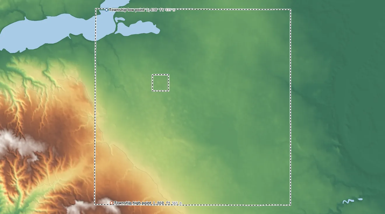 Topographic elevation map of Plain Center Township, South Dakota, shaded from 1,430 ft on the northwest side to 1,860 ft on the southwest side