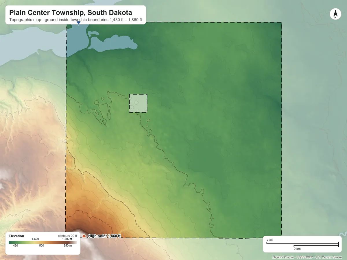 Topographic elevation map of Plain Center Township, South Dakota, shaded from 1,430 ft on the northwest side to 1,860 ft on the southwest side