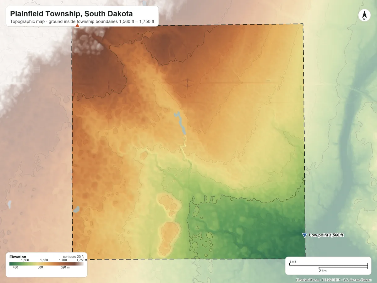 Topographic elevation map of Plainfield Township, South Dakota, shaded from 1,560 ft on the southeast side to 1,750 ft on the northwest side