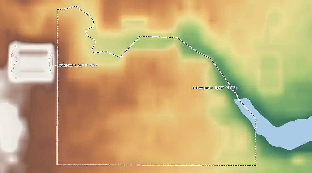 Topographic elevation map of Plainview Colony, South Dakota, shaded from 1,560 ft on the east side to 1,590 ft on the west side